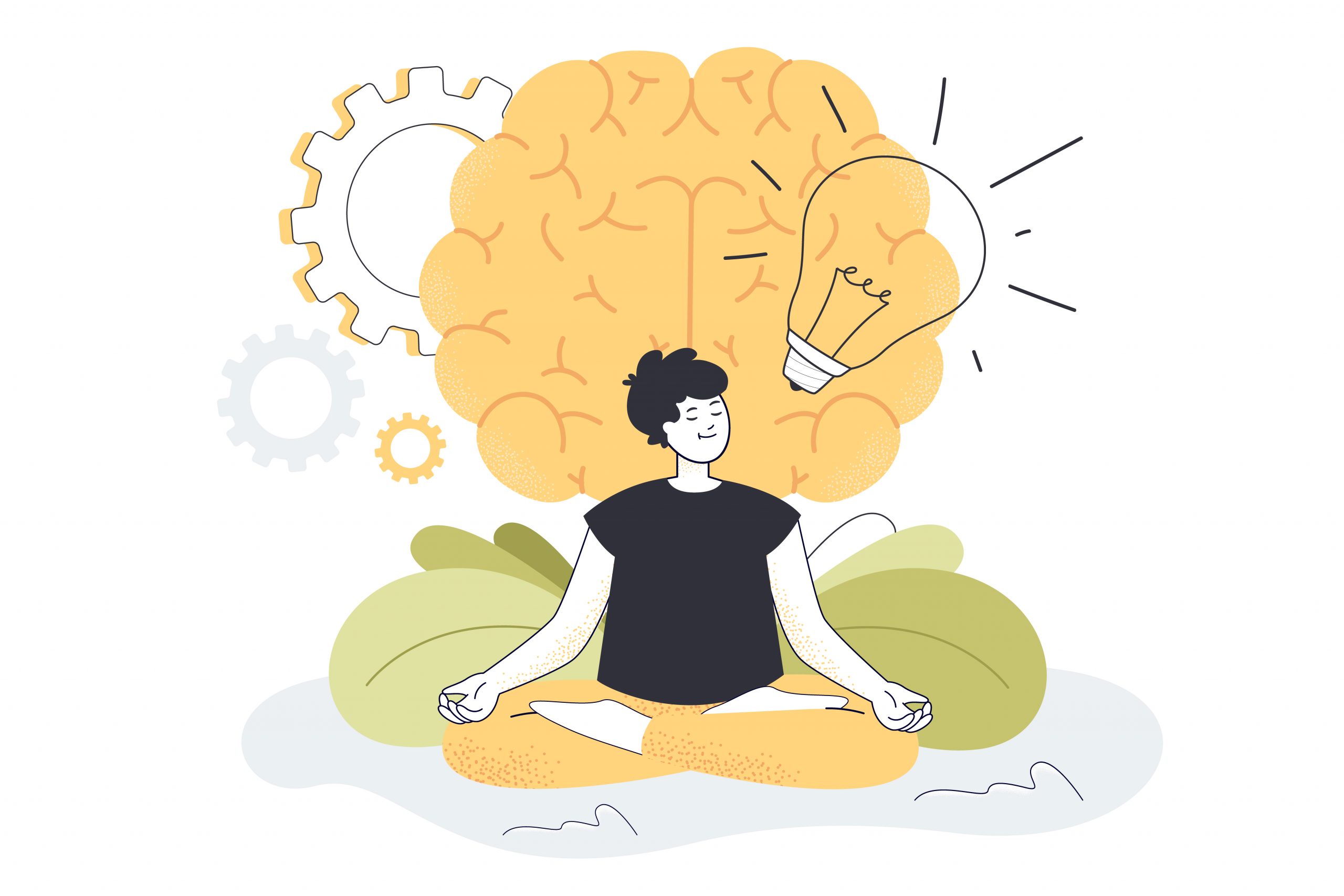 Young man practicing yoga exercises for mental and body health. Happy tiny guy sitting in meditation in front of brain flat vector illustration. Power of mind, healthy lifestyle, harmony concept